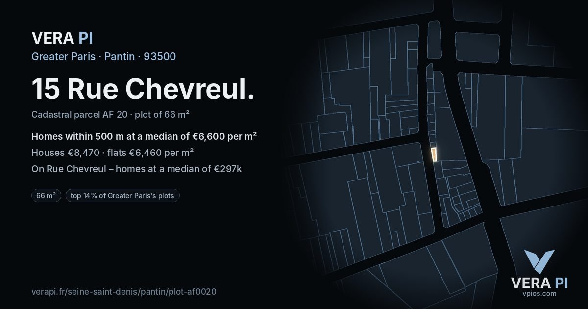 15 Rue Chevreul, Pantin at night – the plot lit, the parcels around coloured by the prices near them