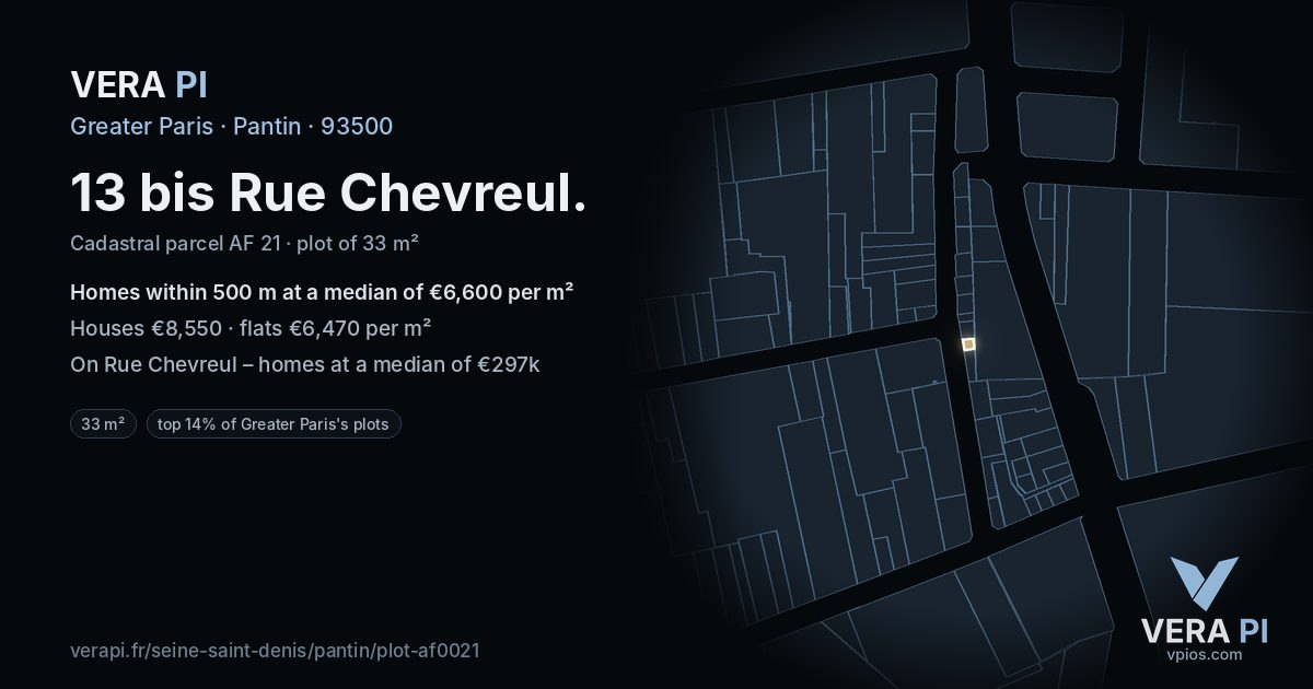 13 bis Rue Chevreul, Pantin at night – the plot lit, the parcels around coloured by the prices near them
