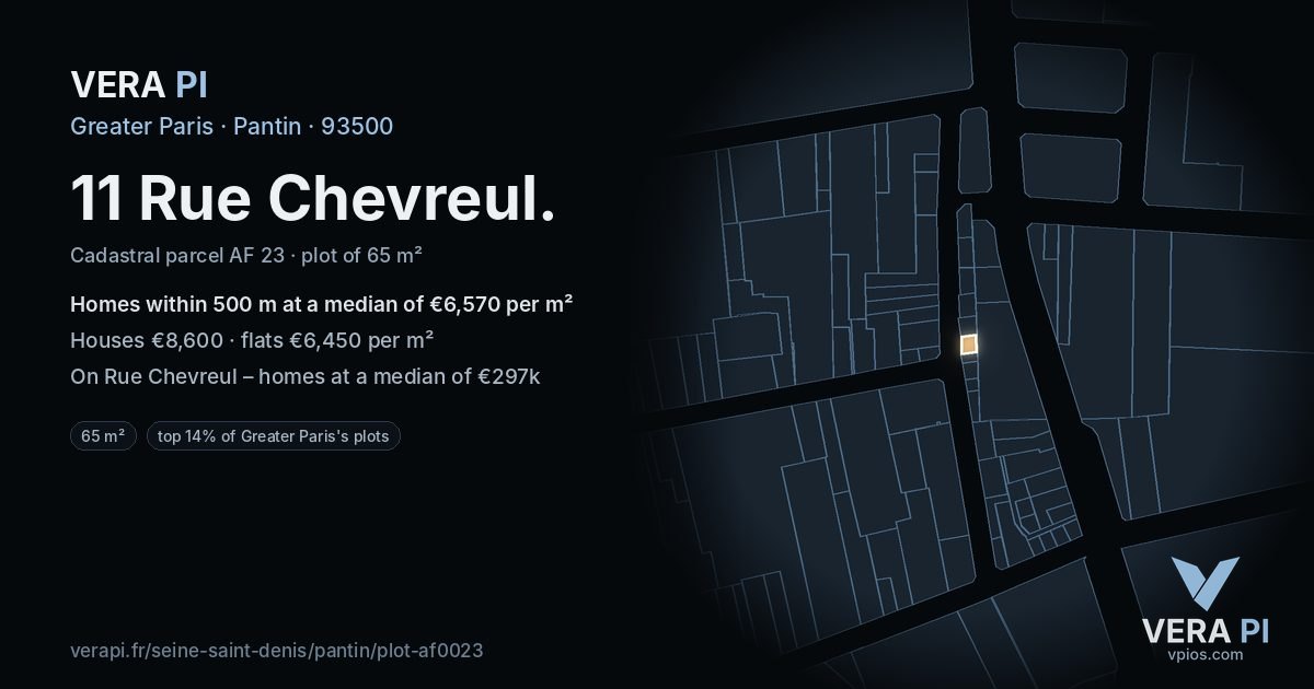 11 Rue Chevreul, Pantin at night – the plot lit, the parcels around coloured by the prices near them