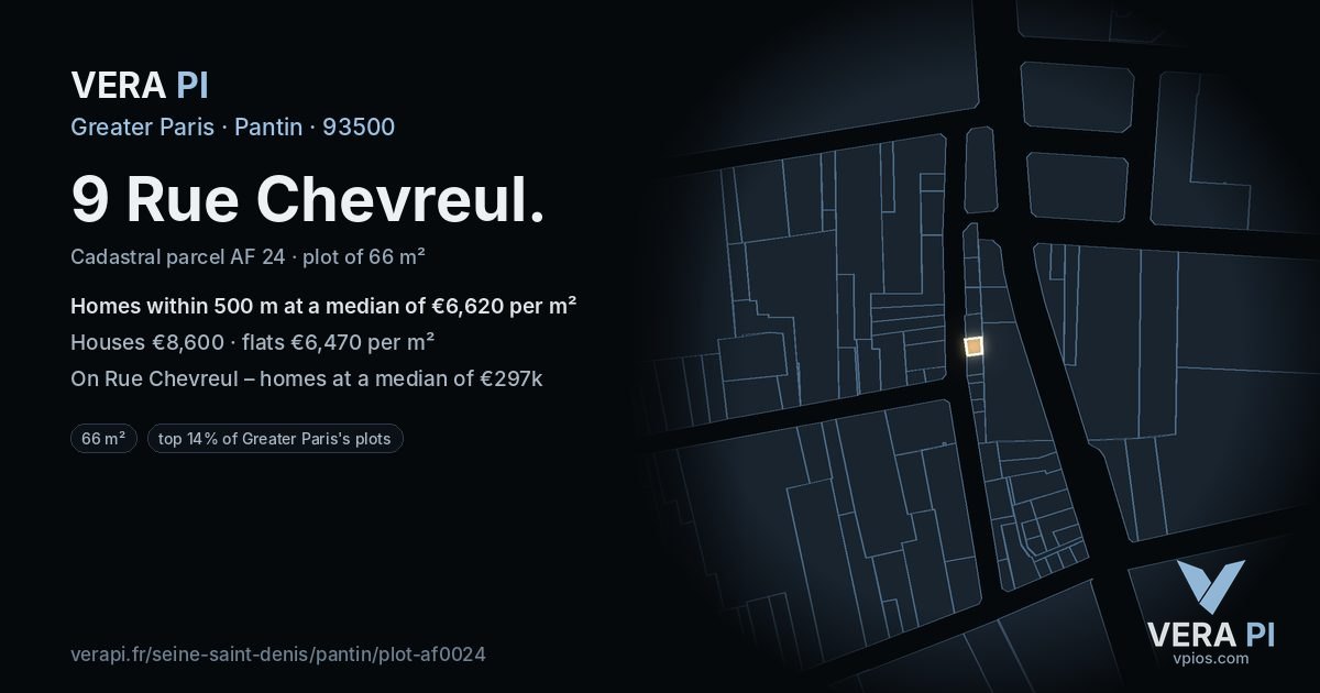 9 Rue Chevreul, Pantin at night – the plot lit, the parcels around coloured by the prices near them