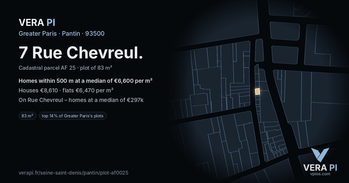 7 Rue Chevreul, Pantin at night – the plot lit, the parcels around coloured by the prices near them