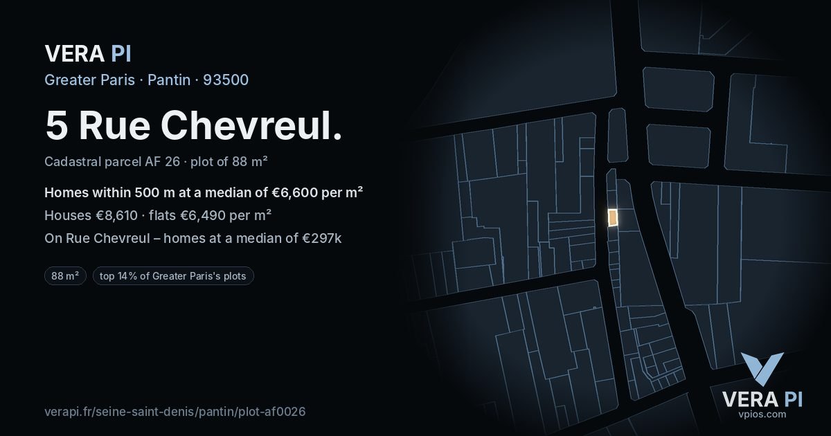 5 Rue Chevreul, Pantin at night – the plot lit, the parcels around coloured by the prices near them