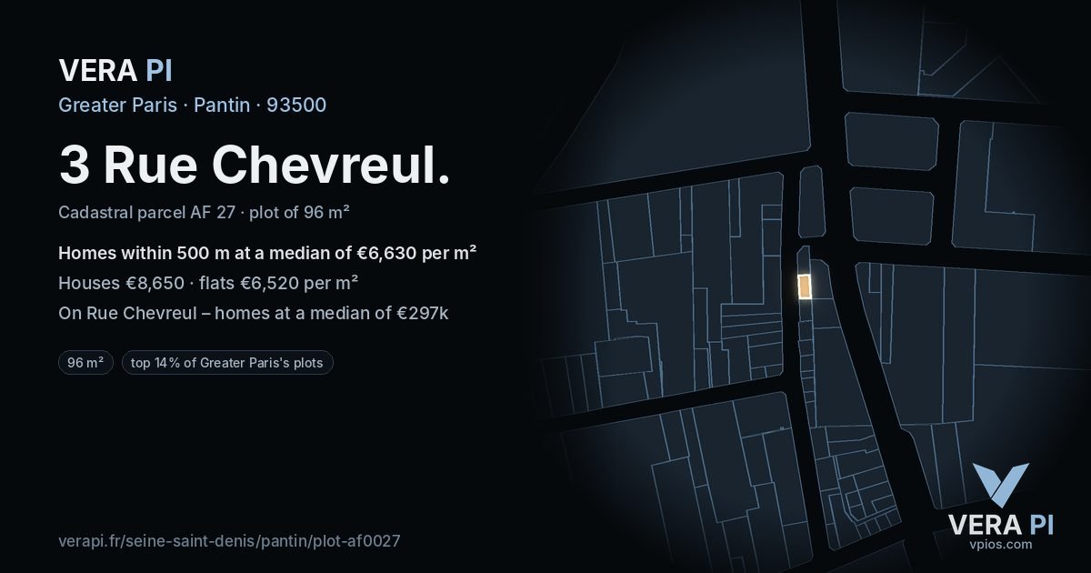 3 Rue Chevreul, Pantin at night – the plot lit, the parcels around coloured by the prices near them
