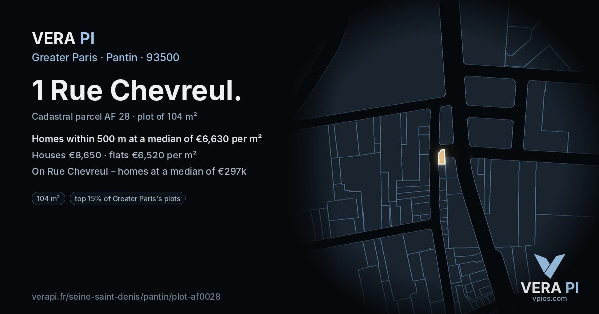 1 Rue Chevreul, Pantin at night – the plot lit, the parcels around coloured by the prices near them