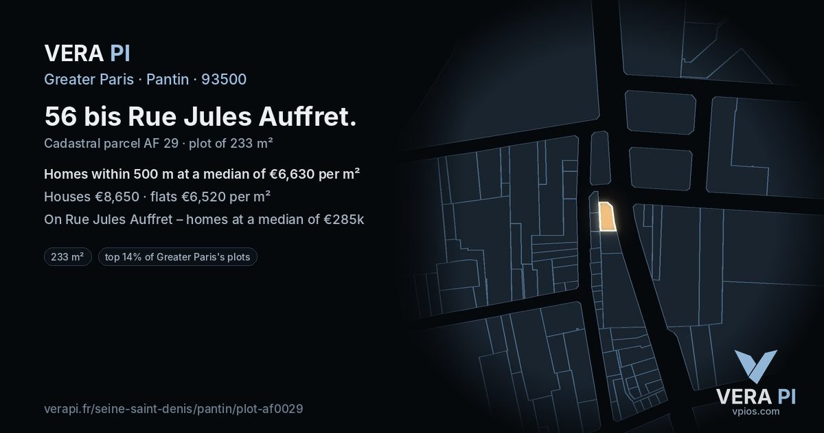56 bis Rue Jules Auffret, Pantin at night – the plot lit, the parcels around coloured by the prices near them