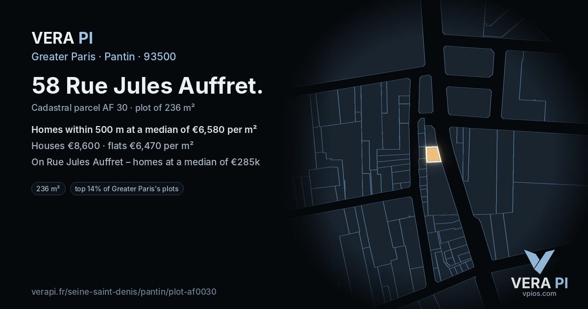 58 Rue Jules Auffret, Pantin at night – the plot lit, the parcels around coloured by the prices near them