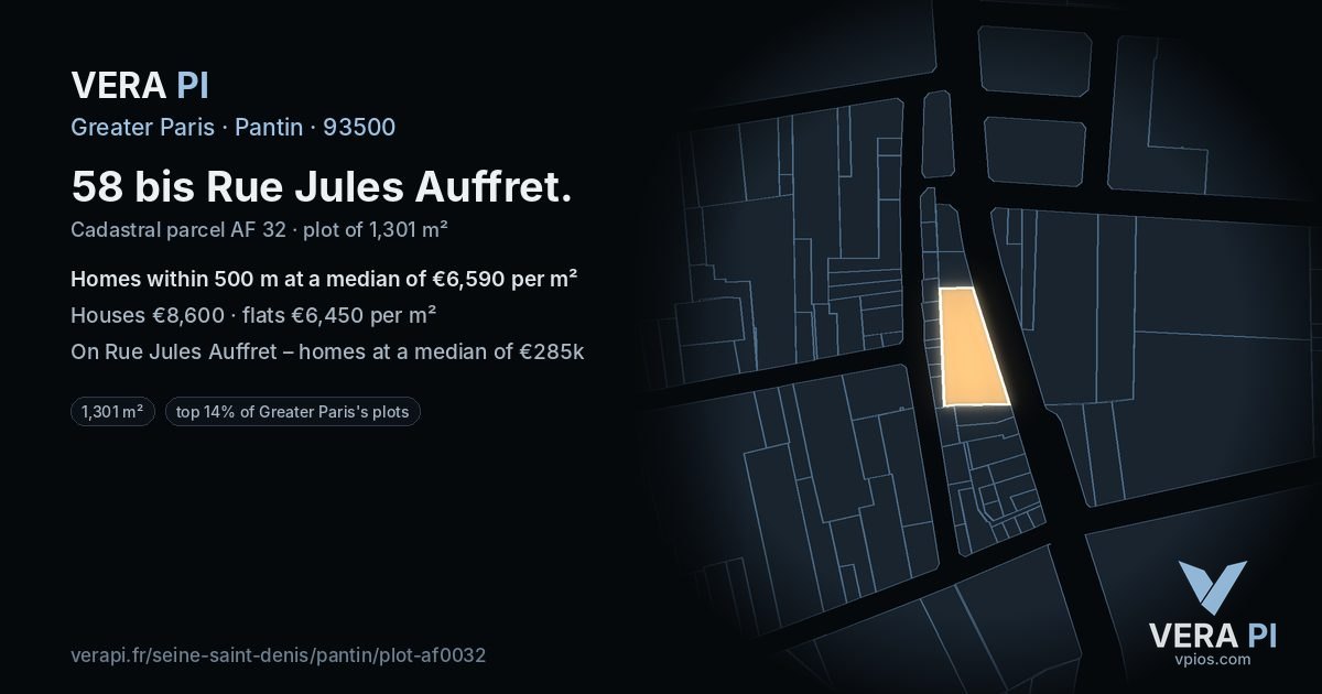 58 bis Rue Jules Auffret, Pantin at night – the plot lit, the parcels around coloured by the prices near them