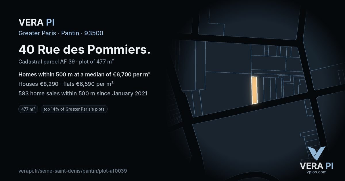 40 Rue des Pommiers, Pantin at night – the plot lit, the parcels around coloured by the prices near them