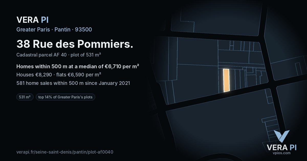 38 Rue des Pommiers, Pantin at night – the plot lit, the parcels around coloured by the prices near them