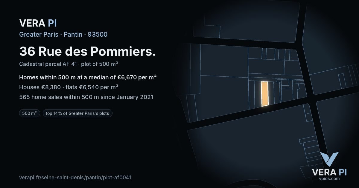 36 Rue des Pommiers, Pantin at night – the plot lit, the parcels around coloured by the prices near them