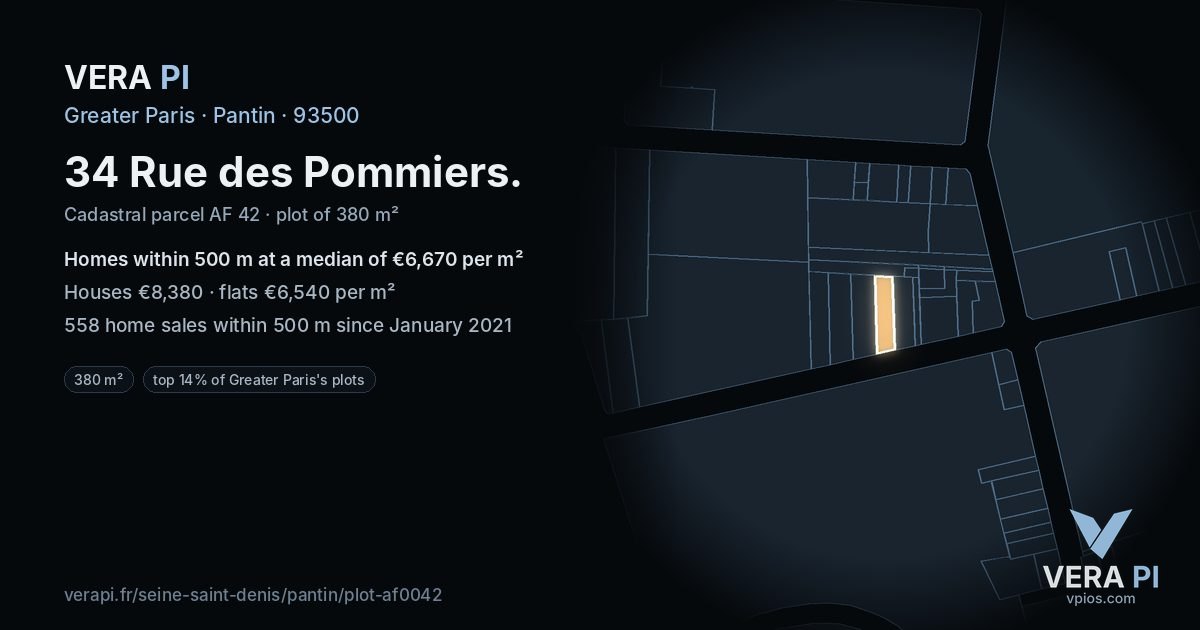 34 Rue des Pommiers, Pantin at night – the plot lit, the parcels around coloured by the prices near them