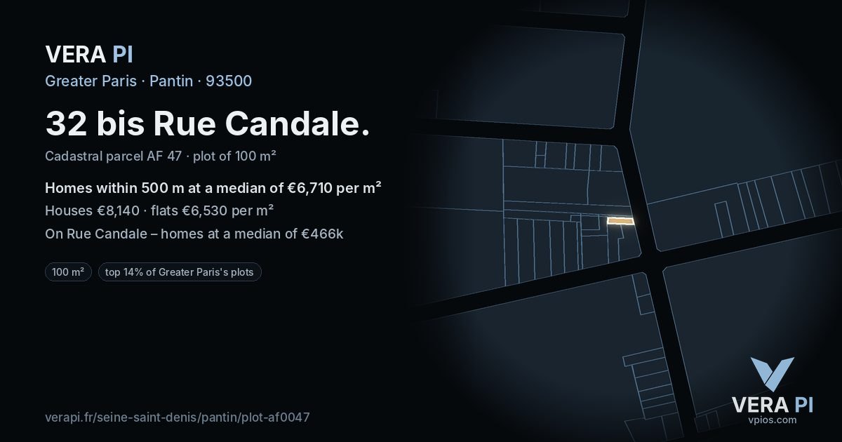 32 bis Rue Candale, Pantin at night – the plot lit, the parcels around coloured by the prices near them
