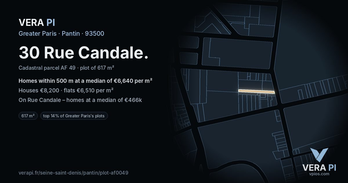30 Rue Candale, Pantin at night – the plot lit, the parcels around coloured by the prices near them