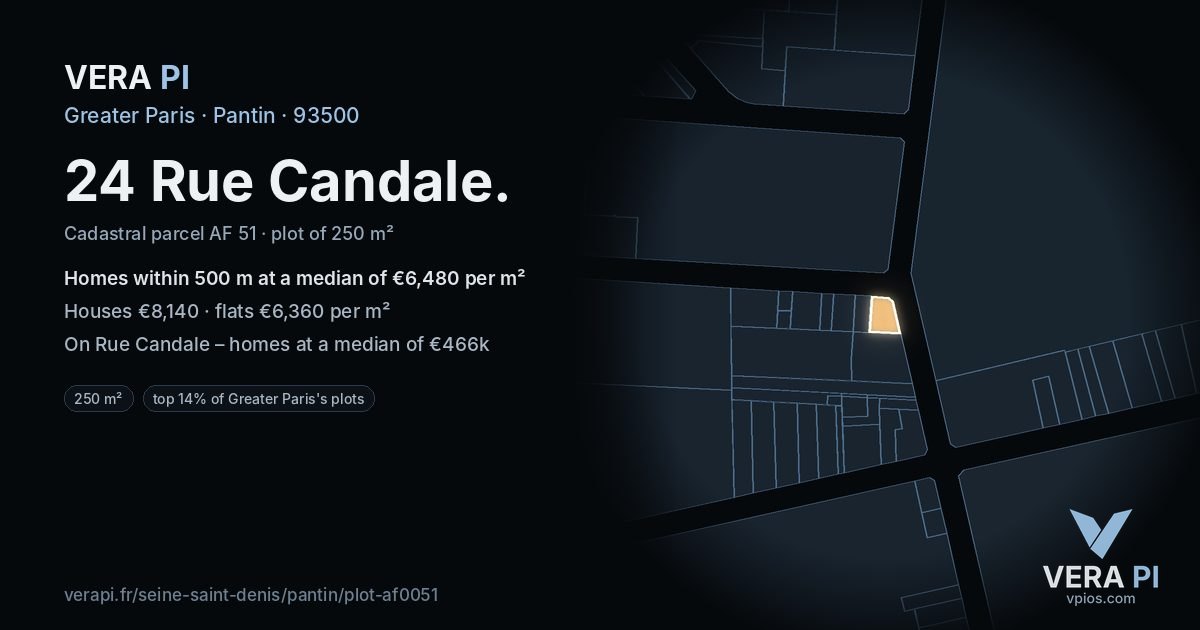 24 Rue Candale, Pantin at night – the plot lit, the parcels around coloured by the prices near them