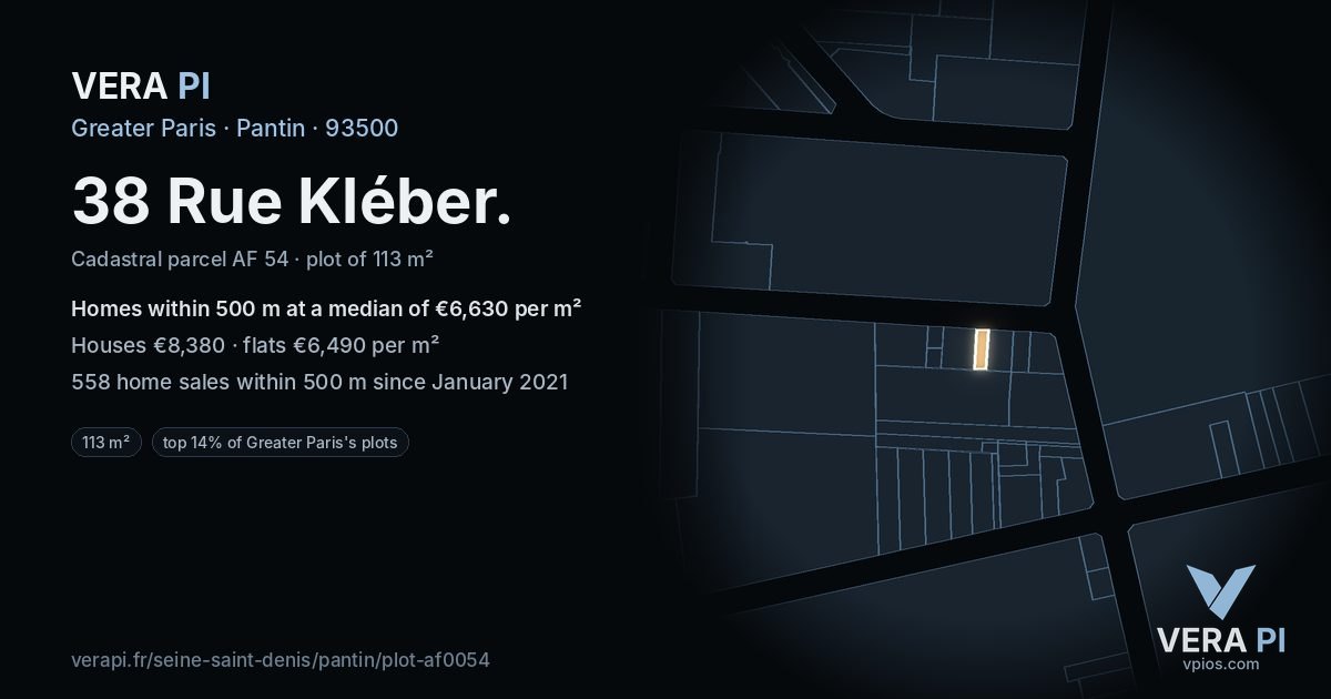 38 Rue Kléber, Pantin at night – the plot lit, the parcels around coloured by the prices near them