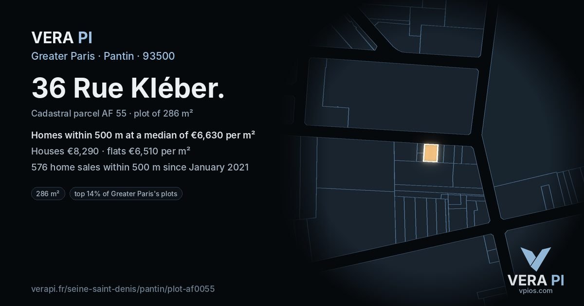 36 Rue Kléber, Pantin at night – the plot lit, the parcels around coloured by the prices near them