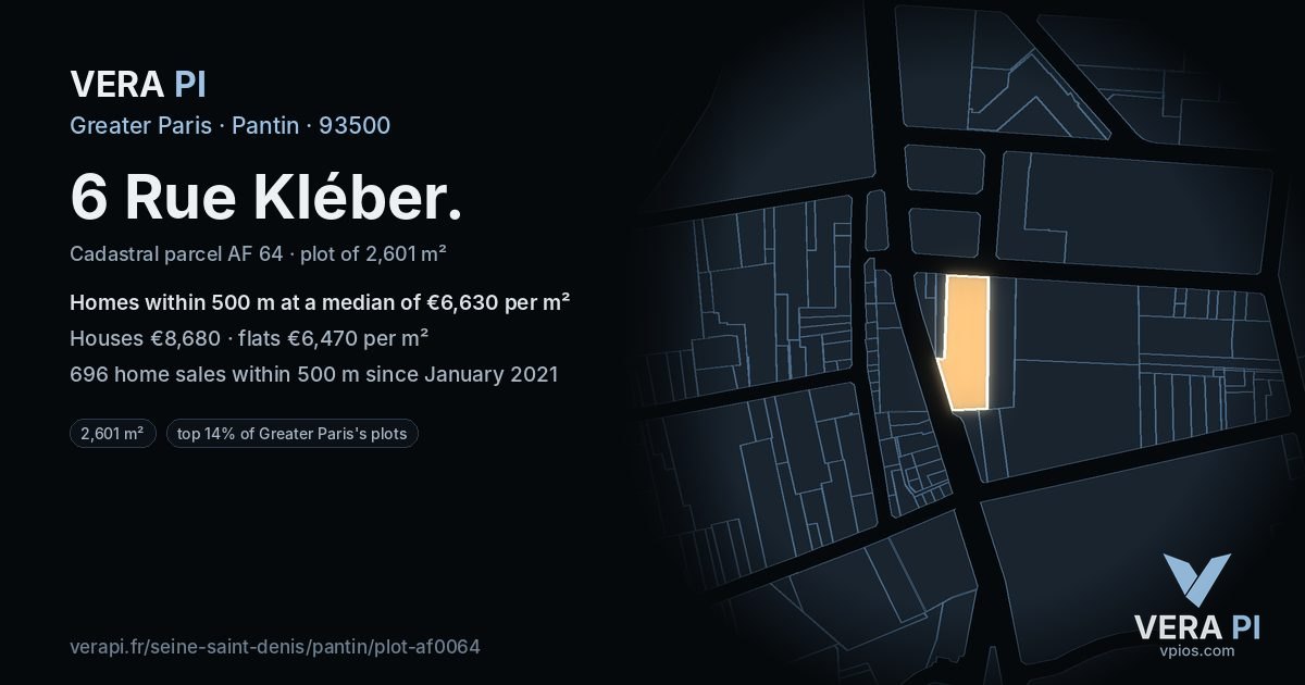 6 Rue Kléber, Pantin at night – the plot lit, the parcels around coloured by the prices near them