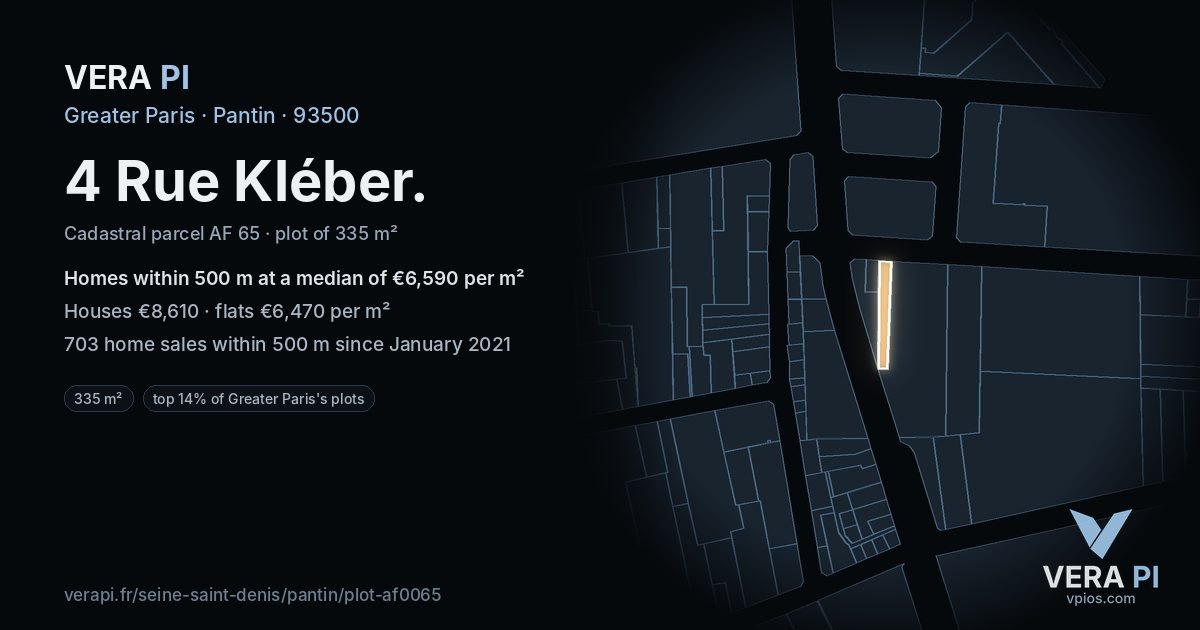 4 Rue Kléber, Pantin at night – the plot lit, the parcels around coloured by the prices near them