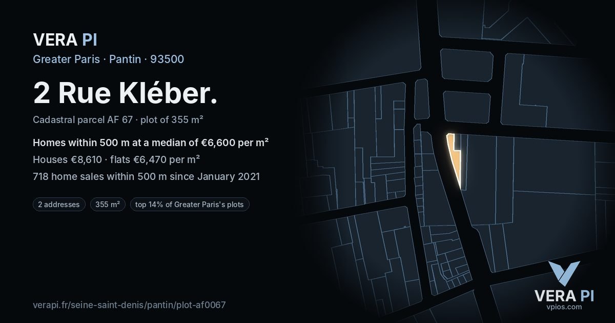 2 Rue Kléber, Pantin at night – the plot lit, the parcels around coloured by the prices near them