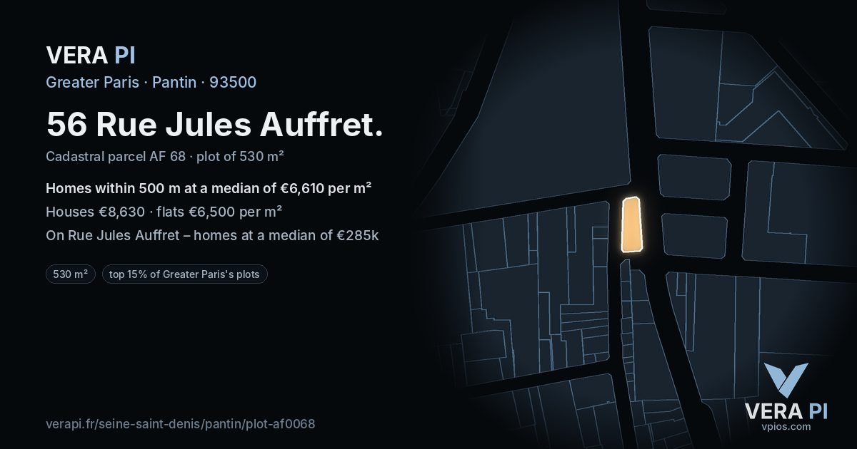 56 Rue Jules Auffret, Pantin at night – the plot lit, the parcels around coloured by the prices near them