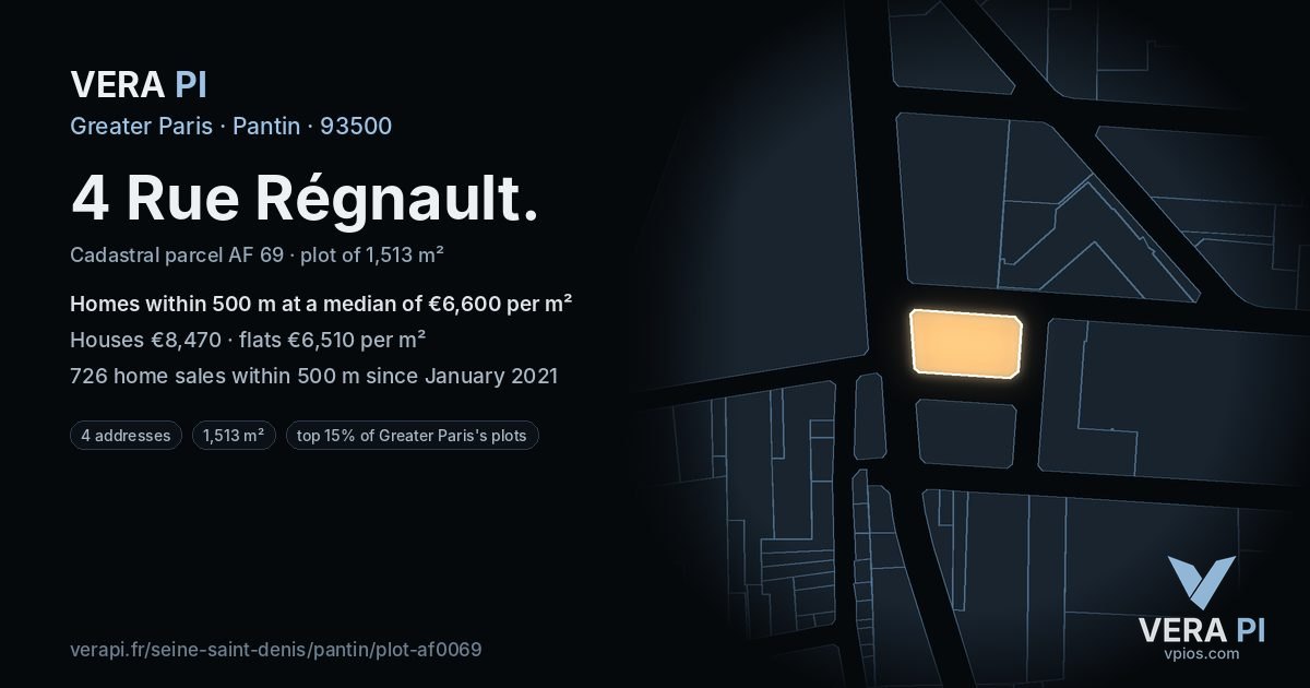 4 Rue Régnault, Pantin at night – the plot lit, the parcels around coloured by the prices near them
