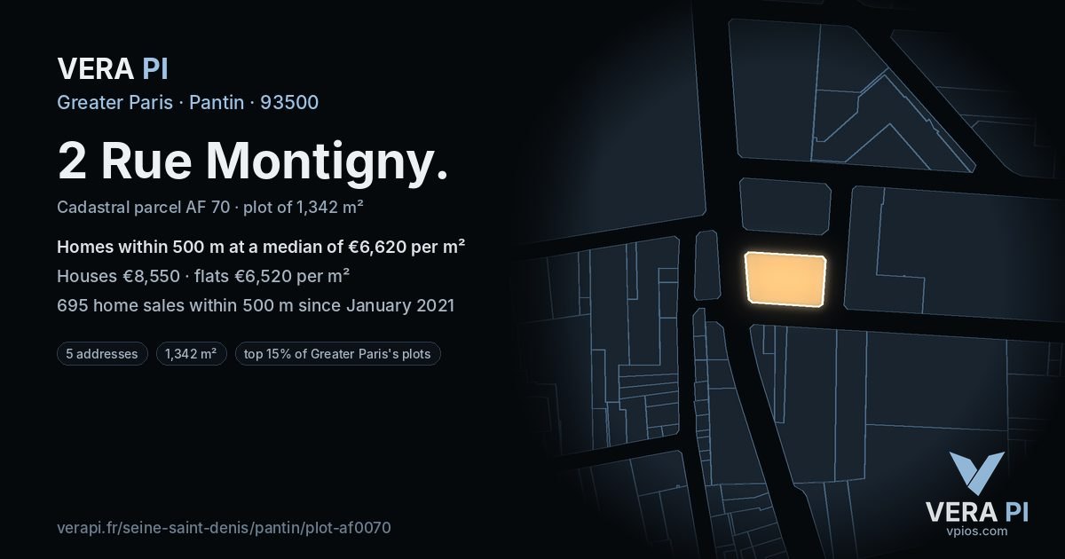 2 Rue Montigny, Pantin at night – the plot lit, the parcels around coloured by the prices near them