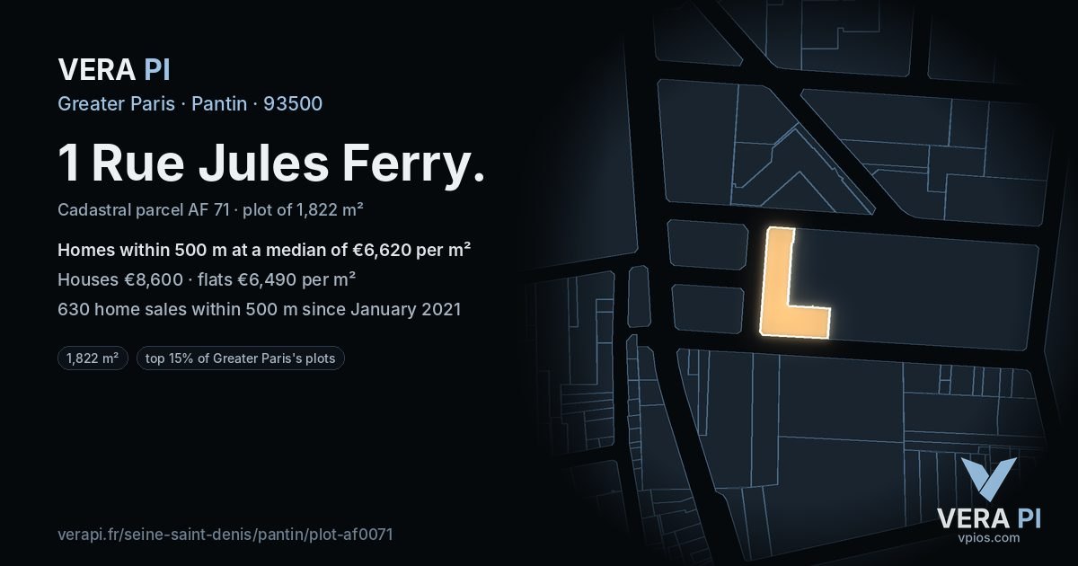 1 Rue Jules Ferry, Pantin at night – the plot lit, the parcels around coloured by the prices near them