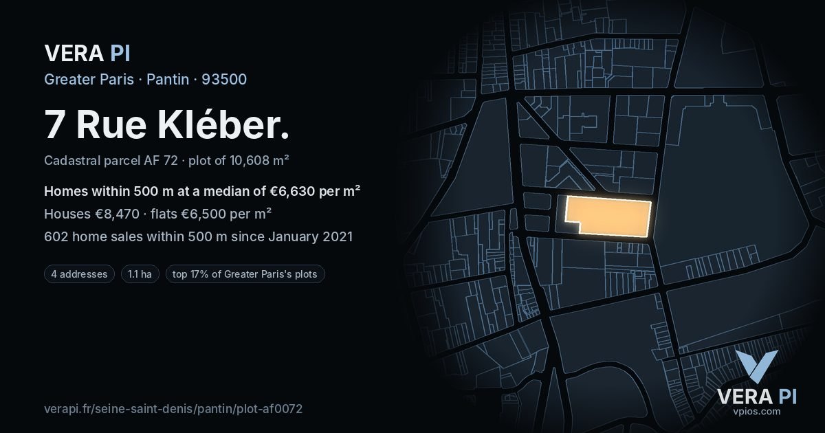 7 Rue Kléber, Pantin at night – the plot lit, the parcels around coloured by the prices near them