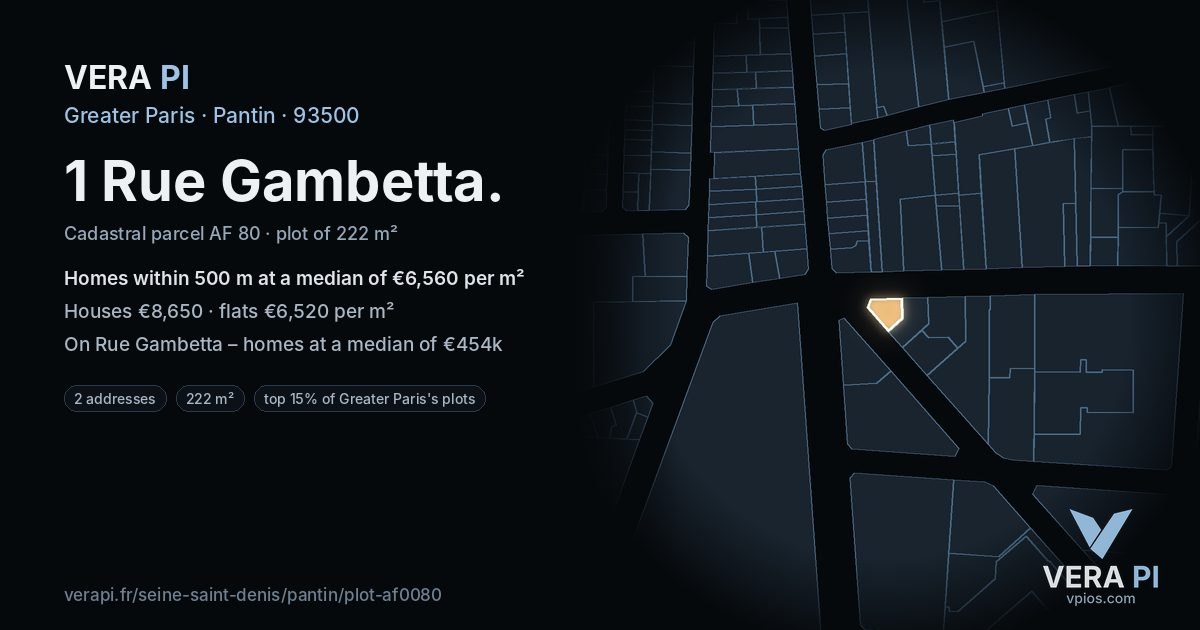 1 Rue Gambetta, Pantin at night – the plot lit, the parcels around coloured by the prices near them