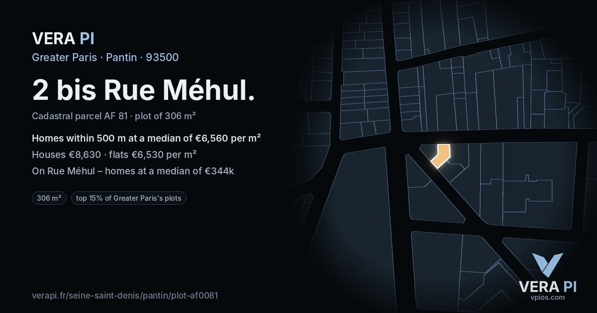 2 bis Rue Méhul, Pantin at night – the plot lit, the parcels around coloured by the prices near them