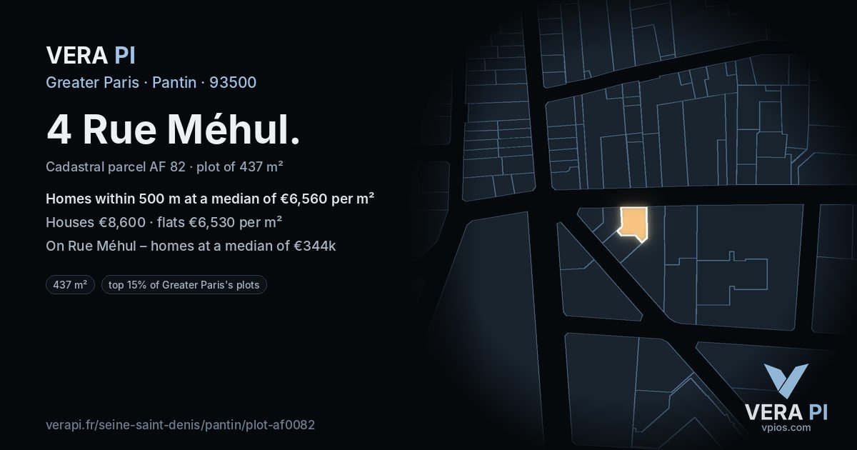 4 Rue Méhul, Pantin at night – the plot lit, the parcels around coloured by the prices near them