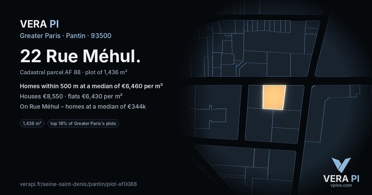 22 Rue Méhul, Pantin at night – the plot lit, the parcels around coloured by the prices near them