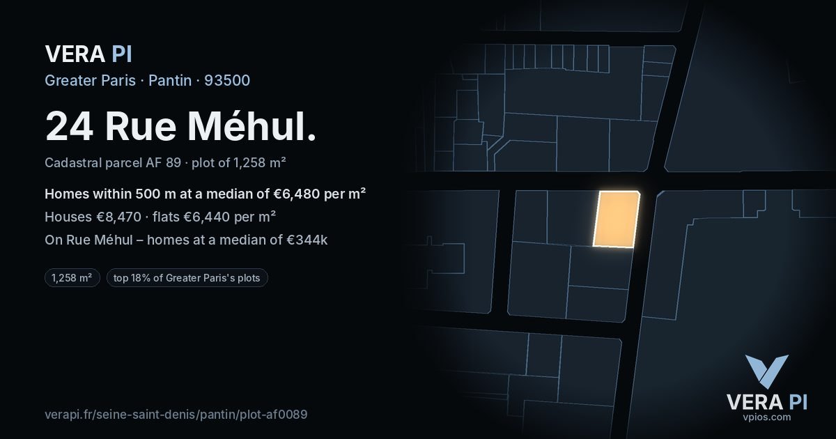 24 Rue Méhul, Pantin at night – the plot lit, the parcels around coloured by the prices near them