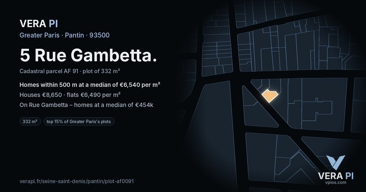 5 Rue Gambetta, Pantin at night – the plot lit, the parcels around coloured by the prices near them