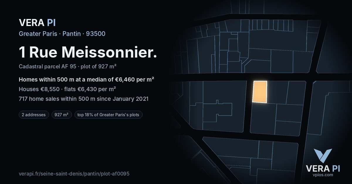 1 Rue Meissonnier, Pantin at night – the plot lit, the parcels around coloured by the prices near them
