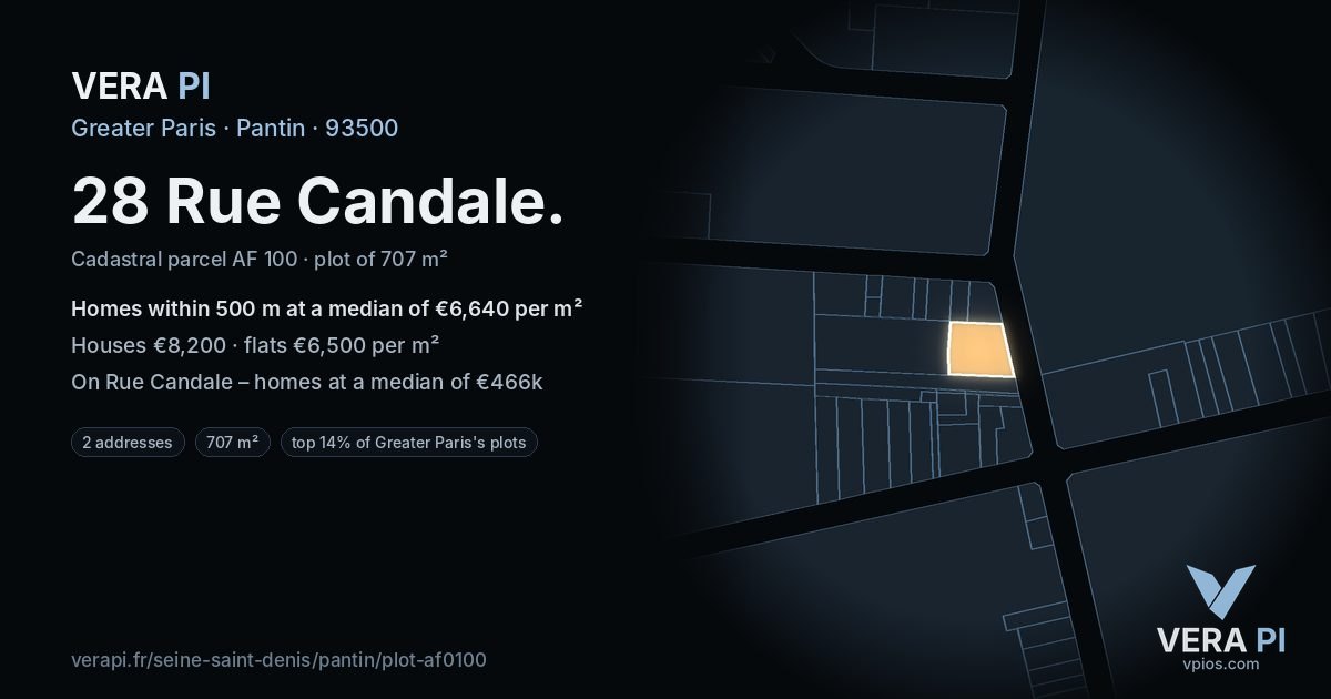 28 Rue Candale, Pantin at night – the plot lit, the parcels around coloured by the prices near them