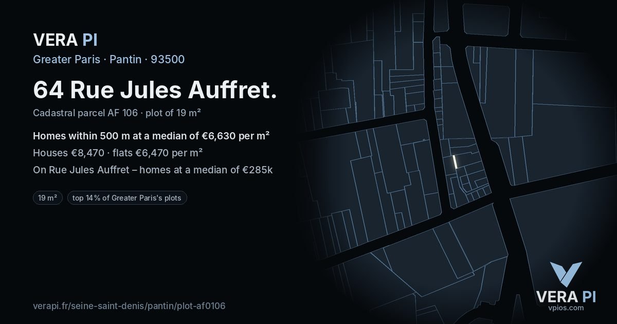 64 Rue Jules Auffret, Pantin at night – the plot lit, the parcels around coloured by the prices near them