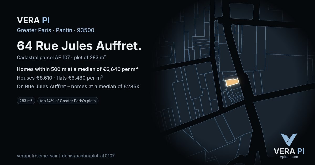 64 Rue Jules Auffret, Pantin at night – the plot lit, the parcels around coloured by the prices near them