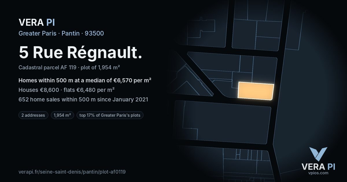 5 Rue Régnault, Pantin at night – the plot lit, the parcels around coloured by the prices near them