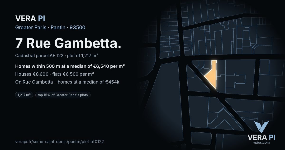 7 Rue Gambetta, Pantin at night – the plot lit, the parcels around coloured by the prices near them