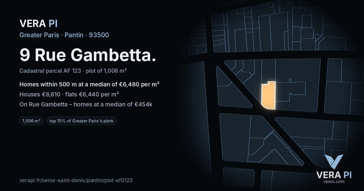9 Rue Gambetta, Pantin at night – the plot lit, the parcels around coloured by the prices near them