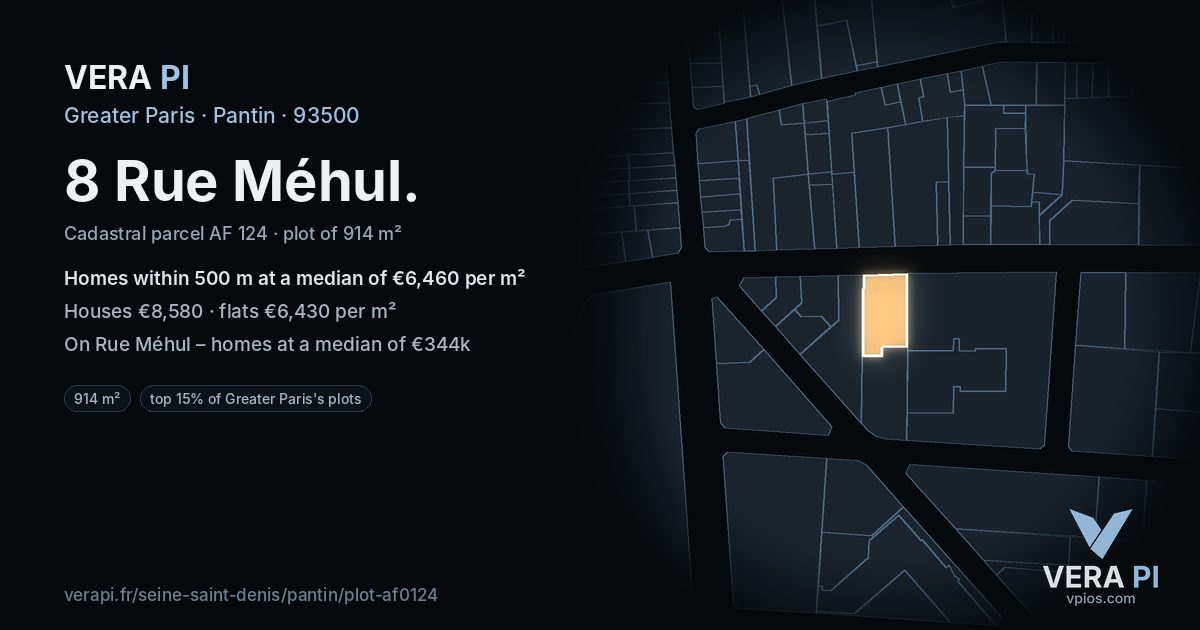 8 Rue Méhul, Pantin at night – the plot lit, the parcels around coloured by the prices near them
