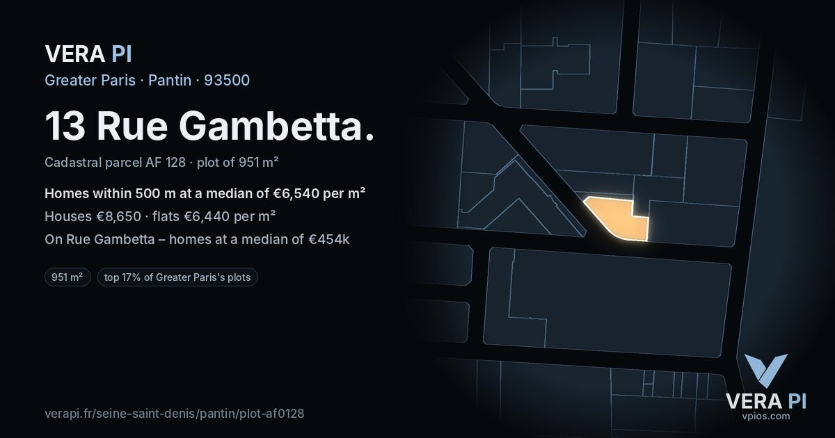 13 Rue Gambetta, Pantin at night – the plot lit, the parcels around coloured by the prices near them