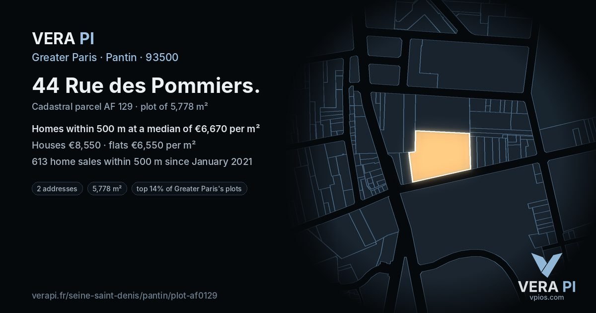 44 Rue des Pommiers, Pantin at night – the plot lit, the parcels around coloured by the prices near them