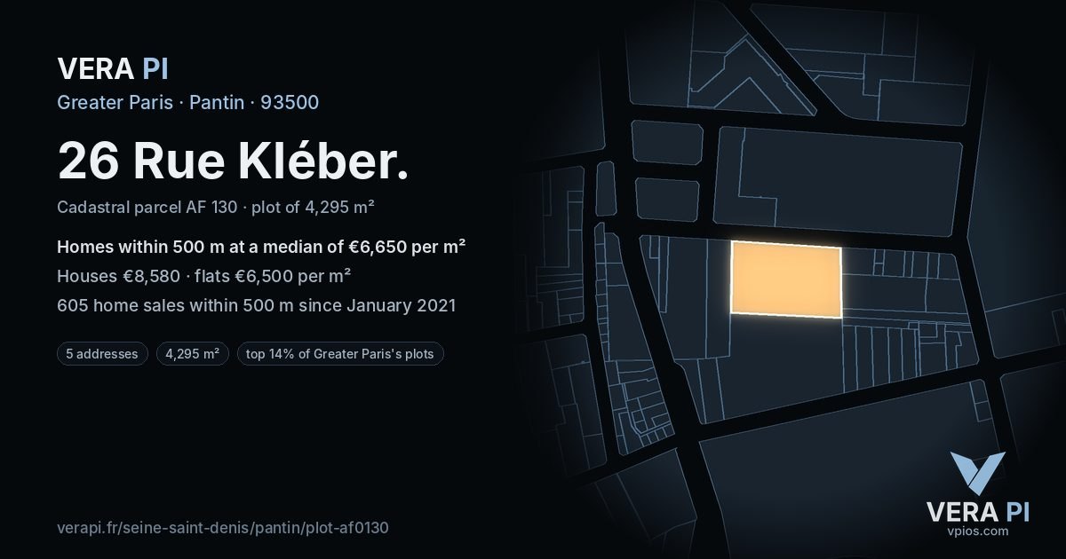 26 Rue Kléber, Pantin at night – the plot lit, the parcels around coloured by the prices near them
