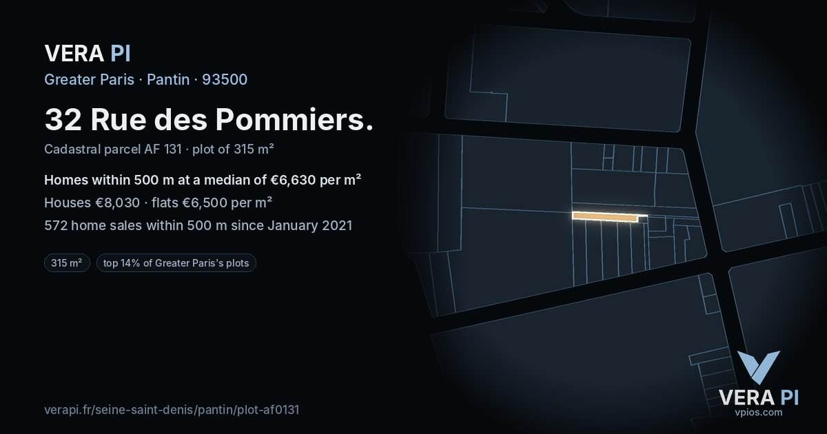 32 Rue des Pommiers, Pantin at night – the plot lit, the parcels around coloured by the prices near them