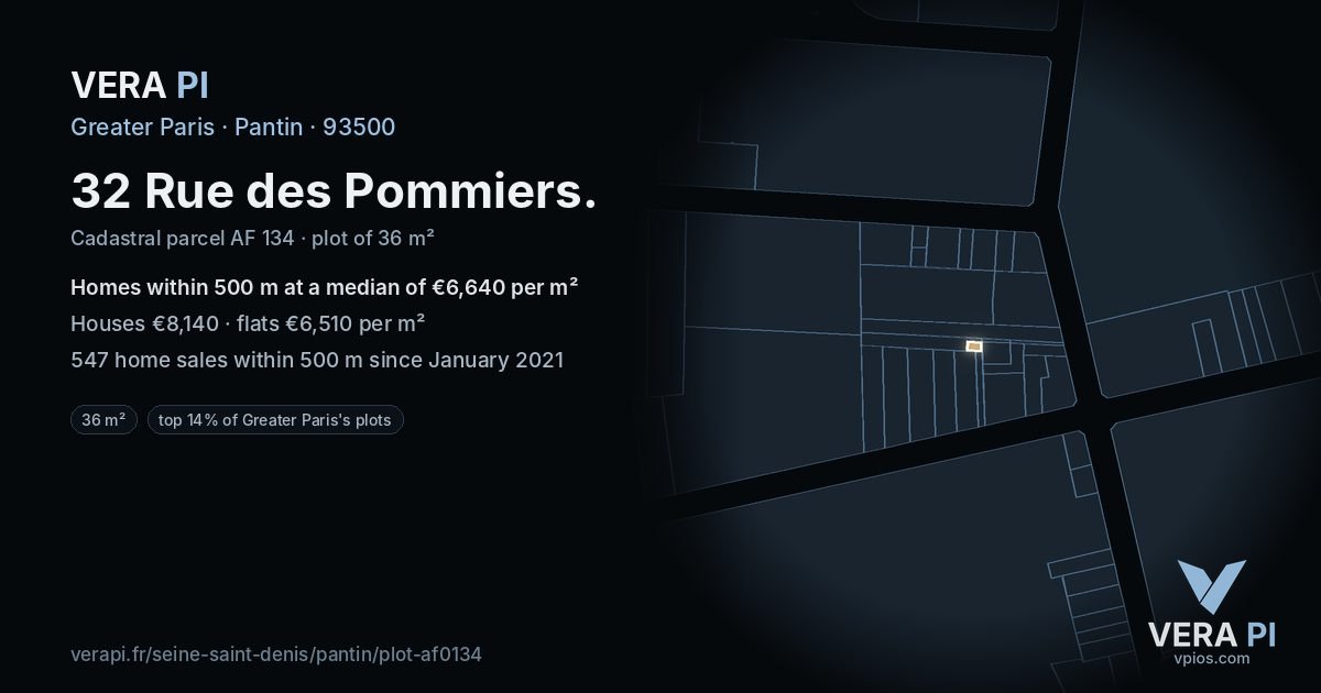 32 Rue des Pommiers, Pantin at night – the plot lit, the parcels around coloured by the prices near them