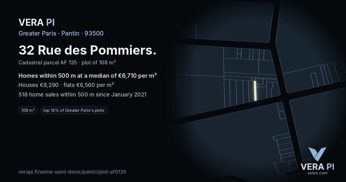 32 Rue des Pommiers, Pantin at night – the plot lit, the parcels around coloured by the prices near them