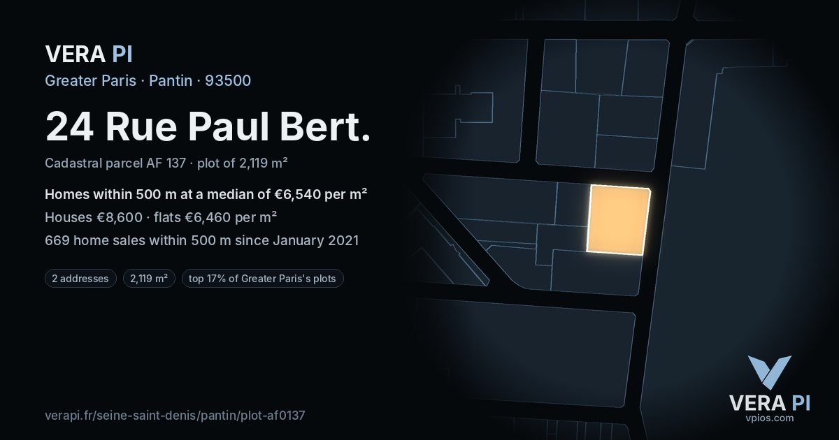 24 Rue Paul Bert, Pantin at night – the plot lit, the parcels around coloured by the prices near them