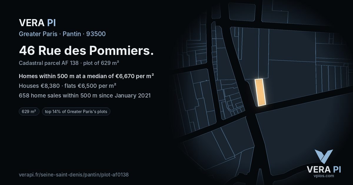 46 Rue des Pommiers, Pantin at night – the plot lit, the parcels around coloured by the prices near them